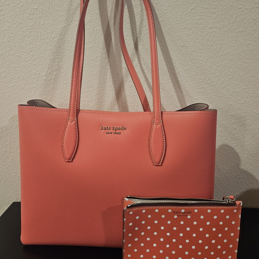 Kate Spade Coral Tote and Polka Dot Pouch Set